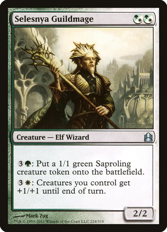 mtg selesnya cards Magic The Gathering Trading Card Game Return to Ravnica Single Card Uncommon Keyrune 233 Reach #(This creature can block creatures with flying.) # Selesnya Sagittars can block an additional creature. Selesnya Evangel | Ravnica Remastered