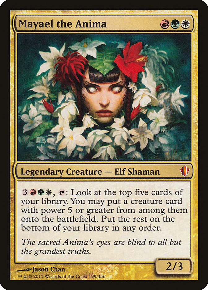 mtg mayael the anima commander deck Altered Art You may put a creature card with power 5 or greater from among them onto the battlefield Mayael the Anima // Duel