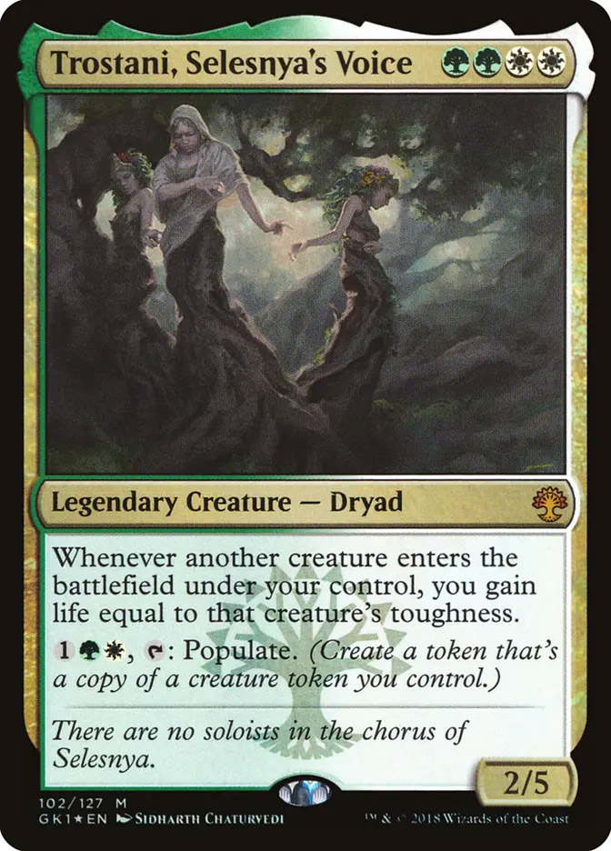 mtg trostani commander deck  Trostani, Voix de Selesnya (Gain de points de vie) (Put a token onto the battlefield thats a copy of a creature token you control.) Art by Chippy Trostani Selesnya's Voice Selesnya G/W