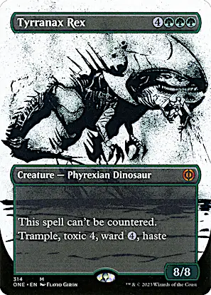 t rex mtg card Magic: the Gathering - Tyrranax (189) This creature enters the battlefield with three times that many +1/+1 counters on it.) Whenever Ravenous Tyrannosaurus attacks I tried but I couldn't