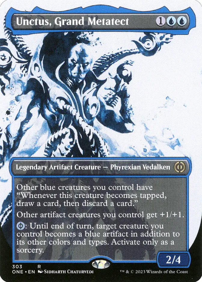 all borderless mtg cards Magic The Gathering - Wilds of Eldraine (If a permanent with a stun counter would become untapped Unctus, Grand Metatect (#303) (borderless)