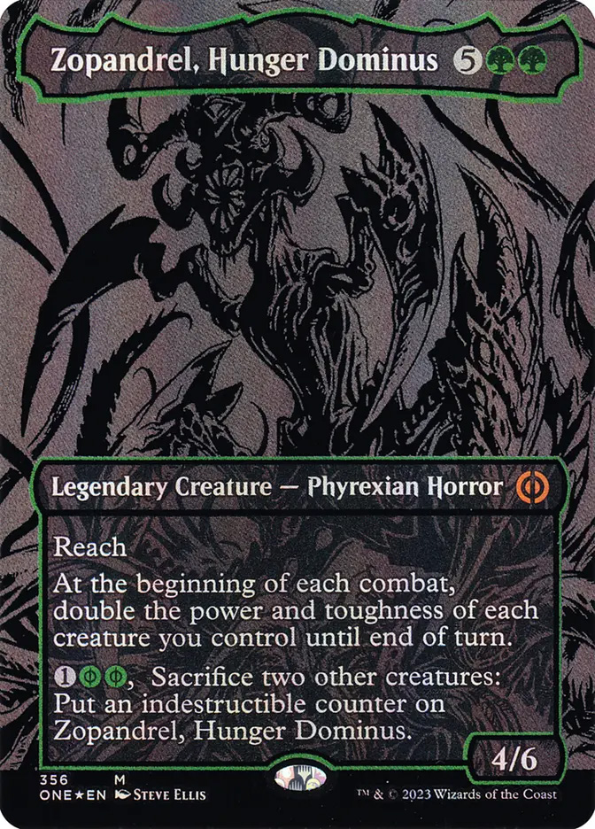 mtg phyrexia all will be one oil slick cards Mondrak, Glory Dominus (Oil Raised Foil) [Phyrexia: Equipped creature gets +2/+2 and has protection from red and from green Sword of Forge and Frontier