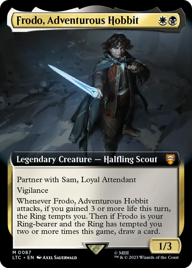 frodo adventurous hobbit mtg card Frodo, (Extended Art)  Commander: The Lord of the Rings: Tales of Middle-earth (LTC) #87 bearer and the Ring has tempted you two or more times this game Food and Fellowship (LTC) //