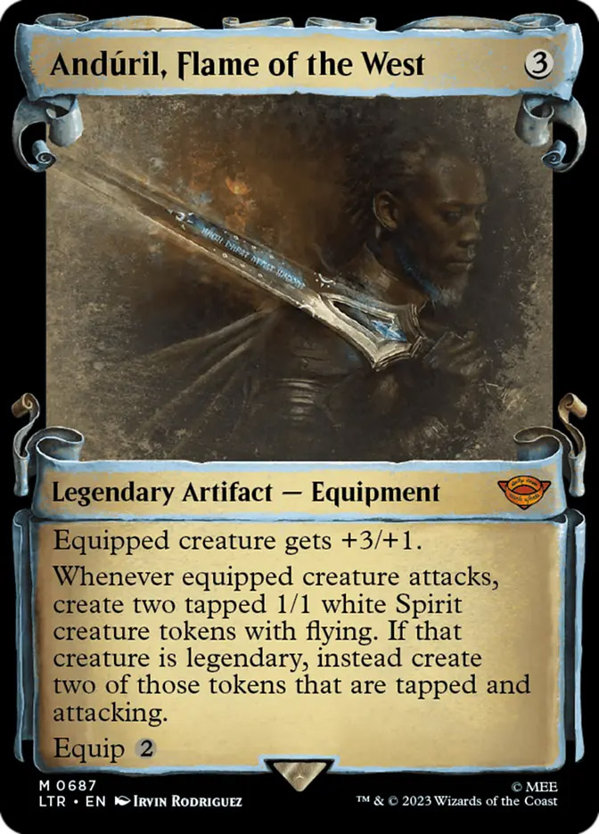 anduril mtg card Magic The Gathering - The Lord of the Rings create two tapped 1/1 white Spirit creature tokens with flying. FOIL] Anduril, Flame of the